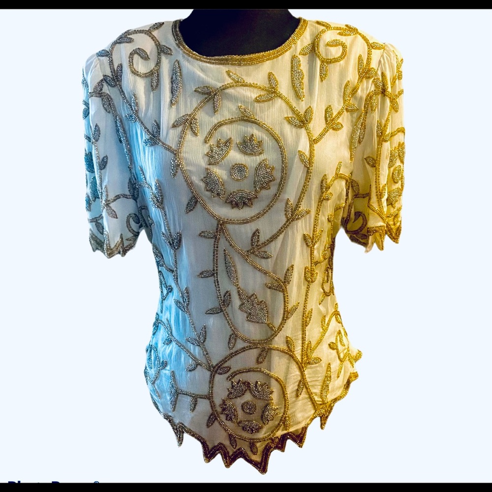 Vtg Laurence Kazar Silk Beaded Scalloped Top